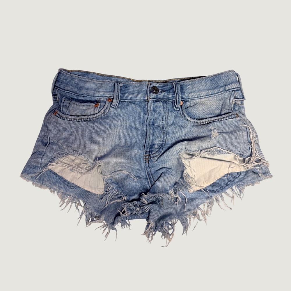 We The Free Free People Light Wash Distressed Denim Micro Mini Shorts  #16